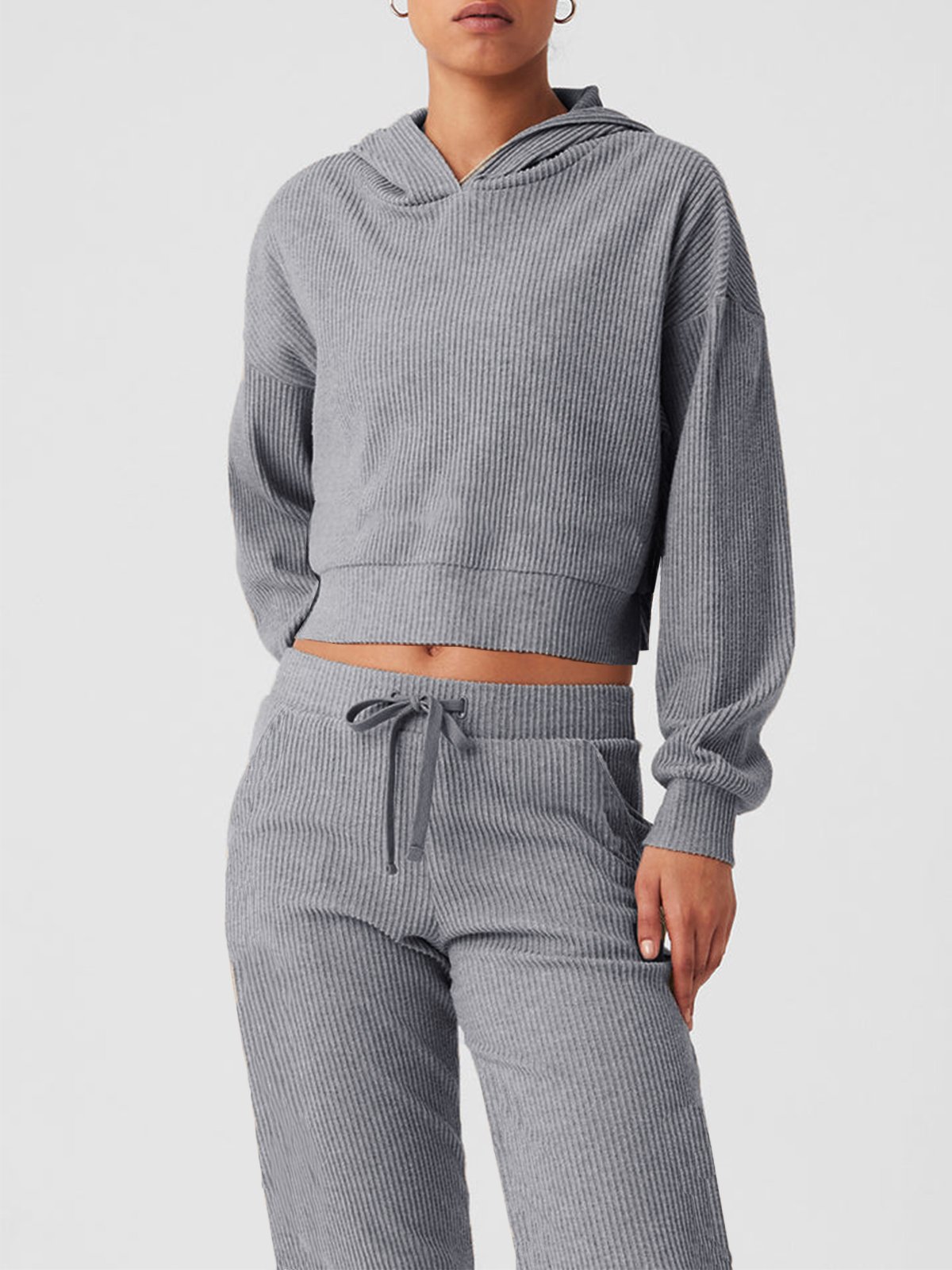 Deux Pièces Ensembles Femmes Décontracté Plain Printemps / Automne Naturel Micro-élasticité Pull-over Top Avec Pantalons Droit Régulier