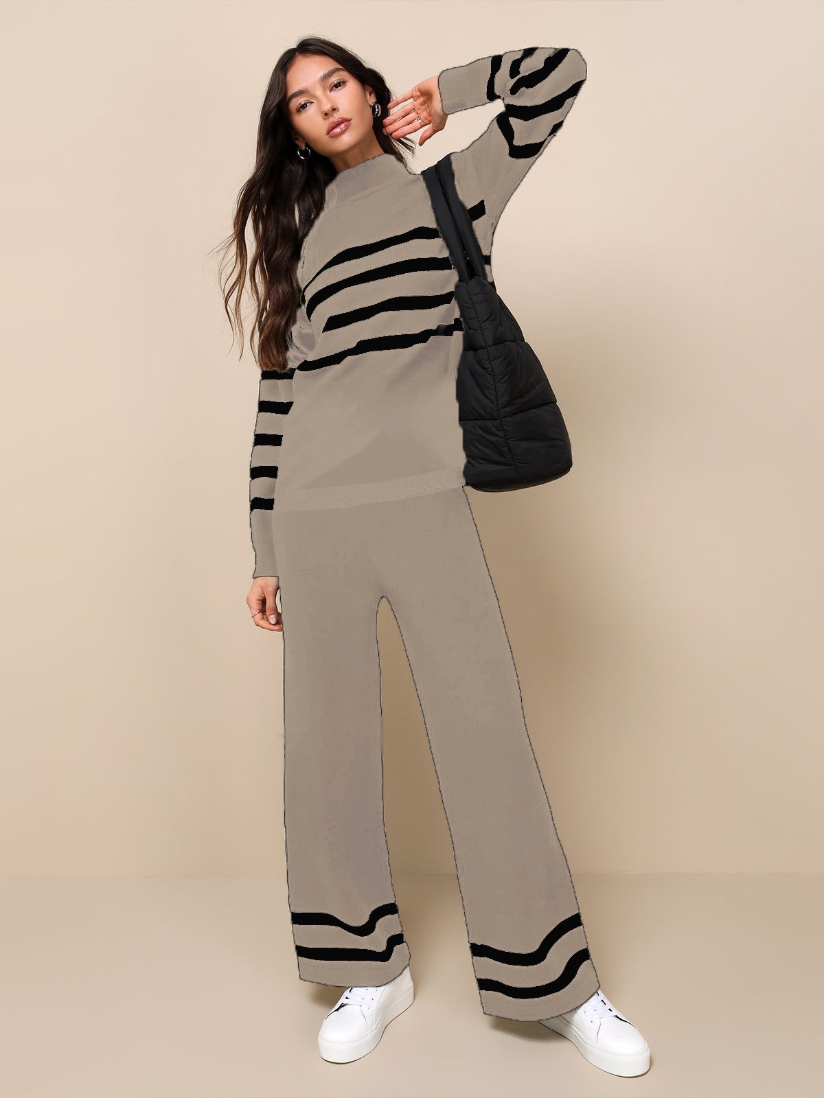 Deux Pièces Ensembles Femmes Rayé Décontracté Printemps / Automne Acrylique Naturel Quotidien Ample Top Avec Pantalons Élasticité moyenne