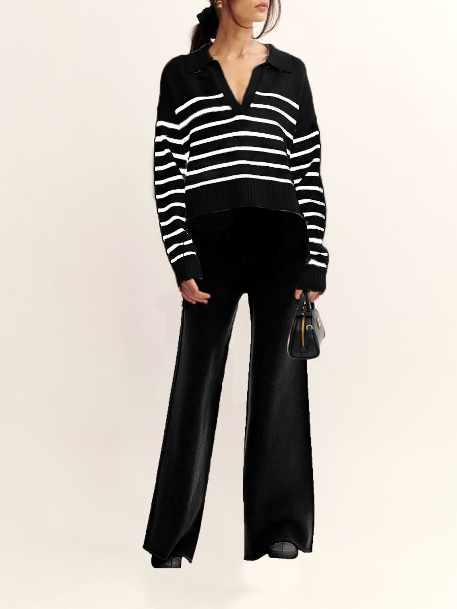 Deux Pièces Ensembles Rayé Décontracté Printemps / Automne Acrylique Naturel Top Avec Pantalons Droit Régulier Élasticité moyenne pour Femmes