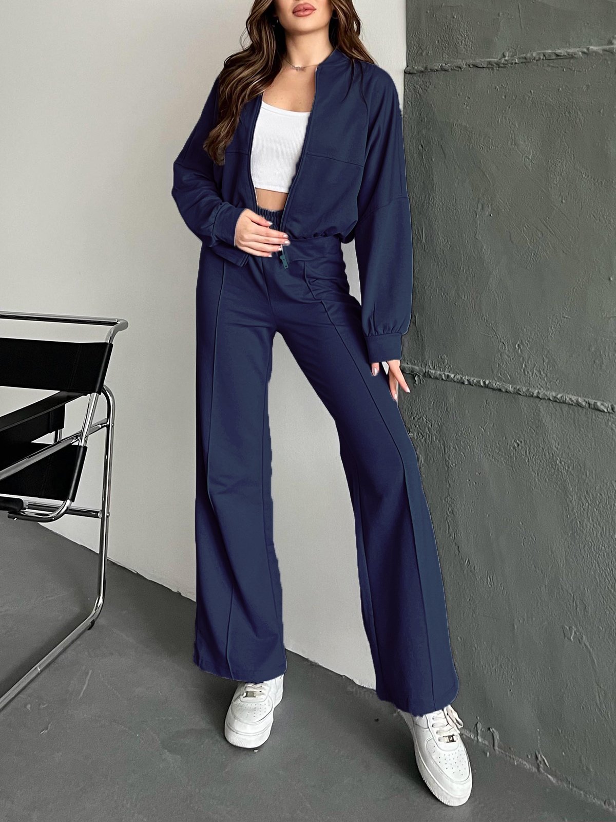 Deux Pièces Ensembles Décontracté Plain Printemps / Automne Polyester Quotidien Coupe Régulière Manches Longues Régulier Élasticité moyenne pour Femmes