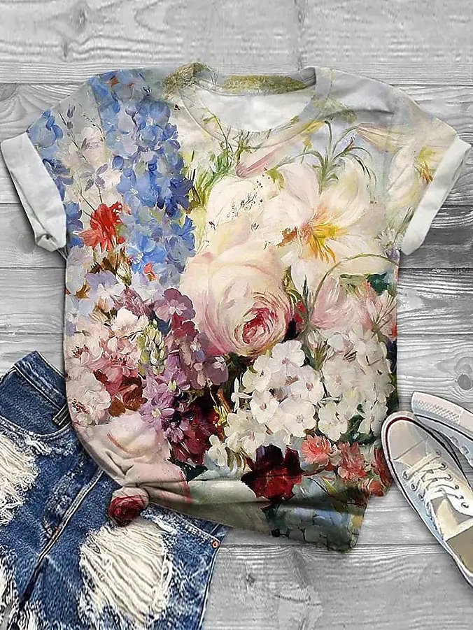 T-shirts Femmes Décontracté Floral Été Ample Jersey Régulier Droit Régulier Élasticité moyenne