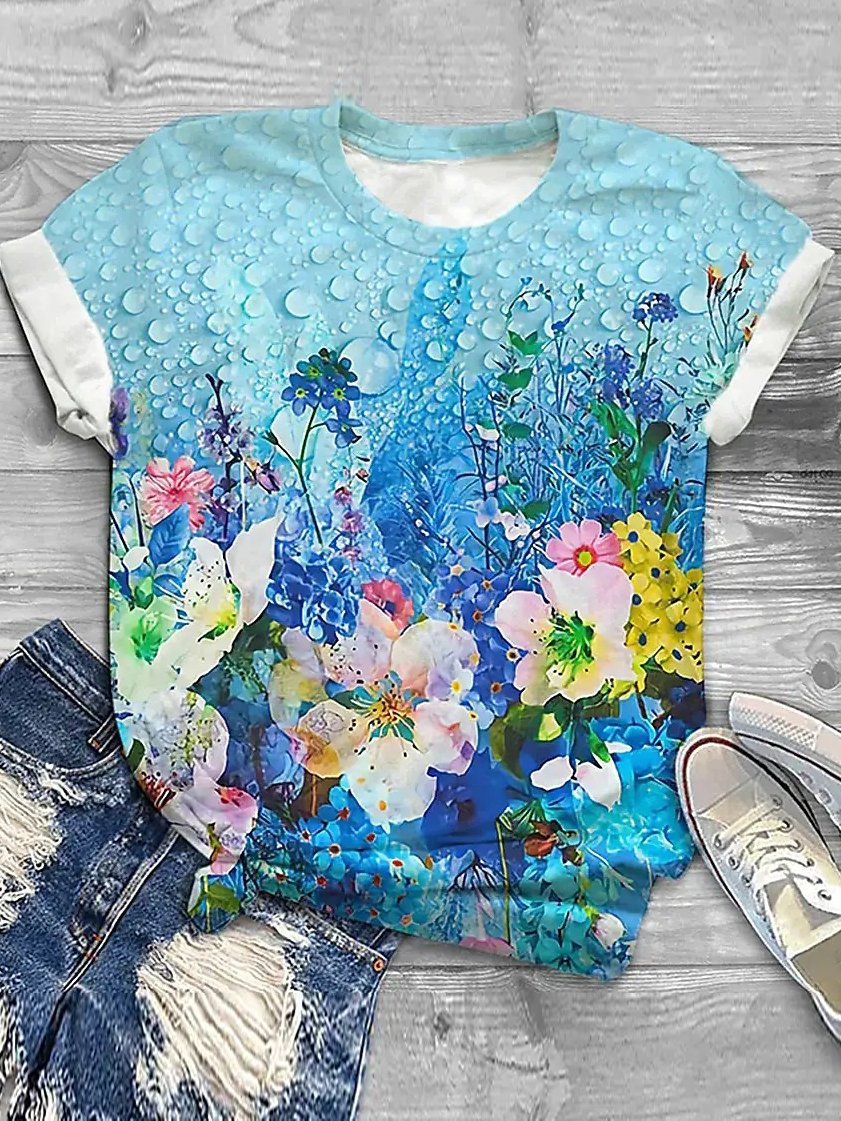 T-shirts Femmes Décontracté Floral Été Ample Jersey Régulier Droit Régulier Élasticité moyenne