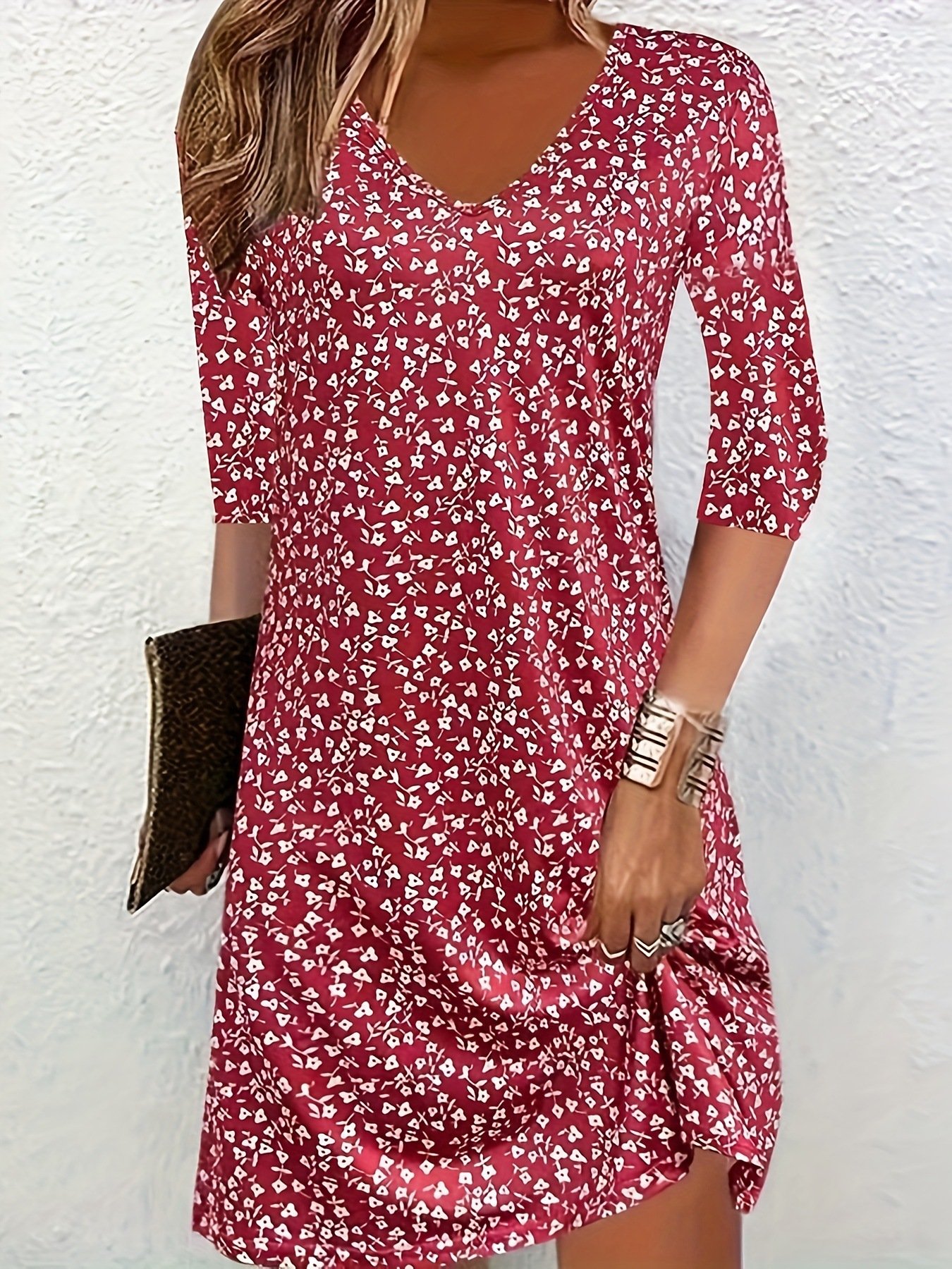 Robes Femmes Décontracté Été Petites fleurs Col V Micro-élasticité Jersey Mi-longue Demi Manche Non