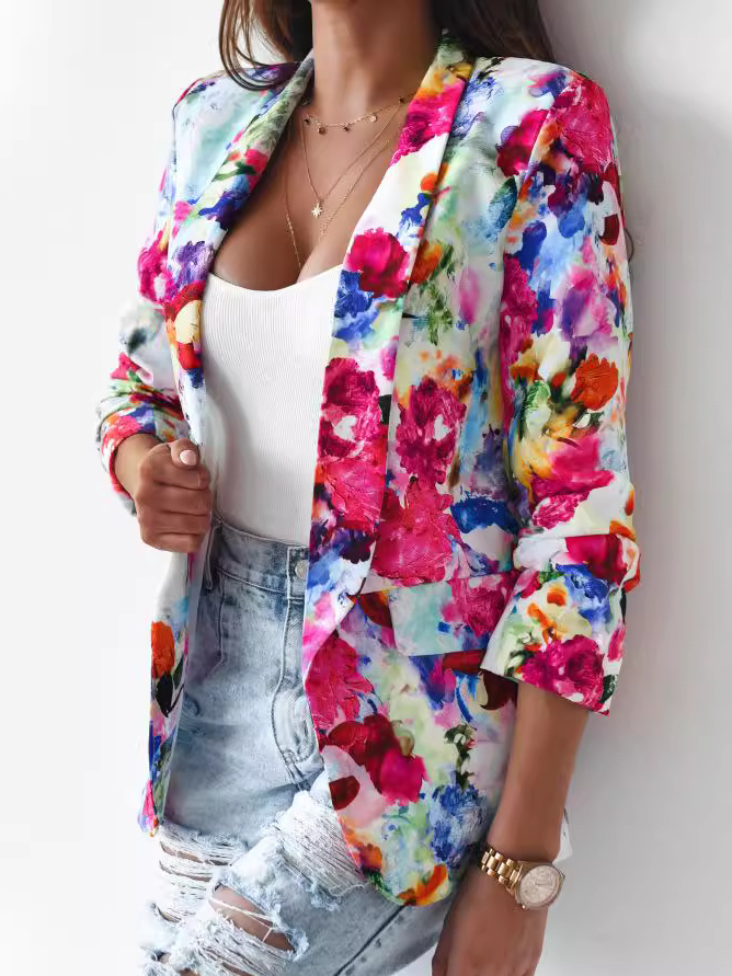 Blazers Femmes Décontracté Floral Printemps / Automne Naturel Coupe Régulière Manches Longues Régulier Droit Régulier