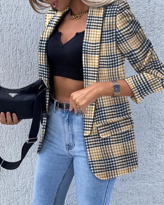 Blazers Femmes Décontracté Plaid Printemps / Automne Polyester Naturel Ample Faire la navette Droit Régulier
