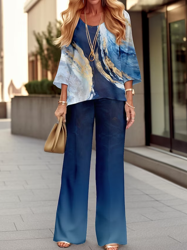 Deux Pièces Ensembles Femmes Abstrait Décontracté Printemps / Automne Naturel Quotidien Manches Longues Col Rond Top Avec Pantalons Droit