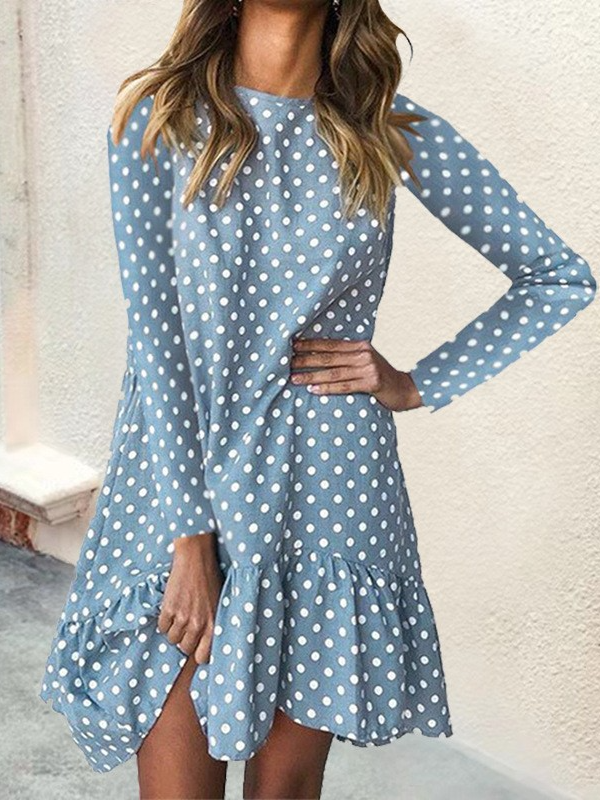 Robes Femmes Pois Polka Décontracté Printemps / Automne Quotidien Ample Mini Manches Longues Col Roulé Régulier