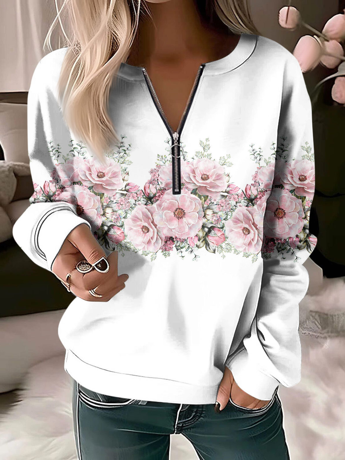 Sweat-shirts Femmes Décontracté Floral Printemps / Automne Polyester Zip Quotidien Ample Régulier Droit