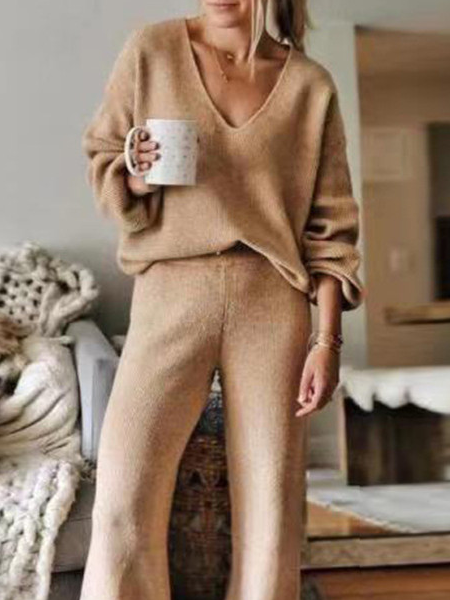 Deux Pièces Ensembles Décontracté Plain Printemps / Automne Naturel Micro-élasticité Quotidien Manches Longues Fil/fil de laine Régulier pour Femmes