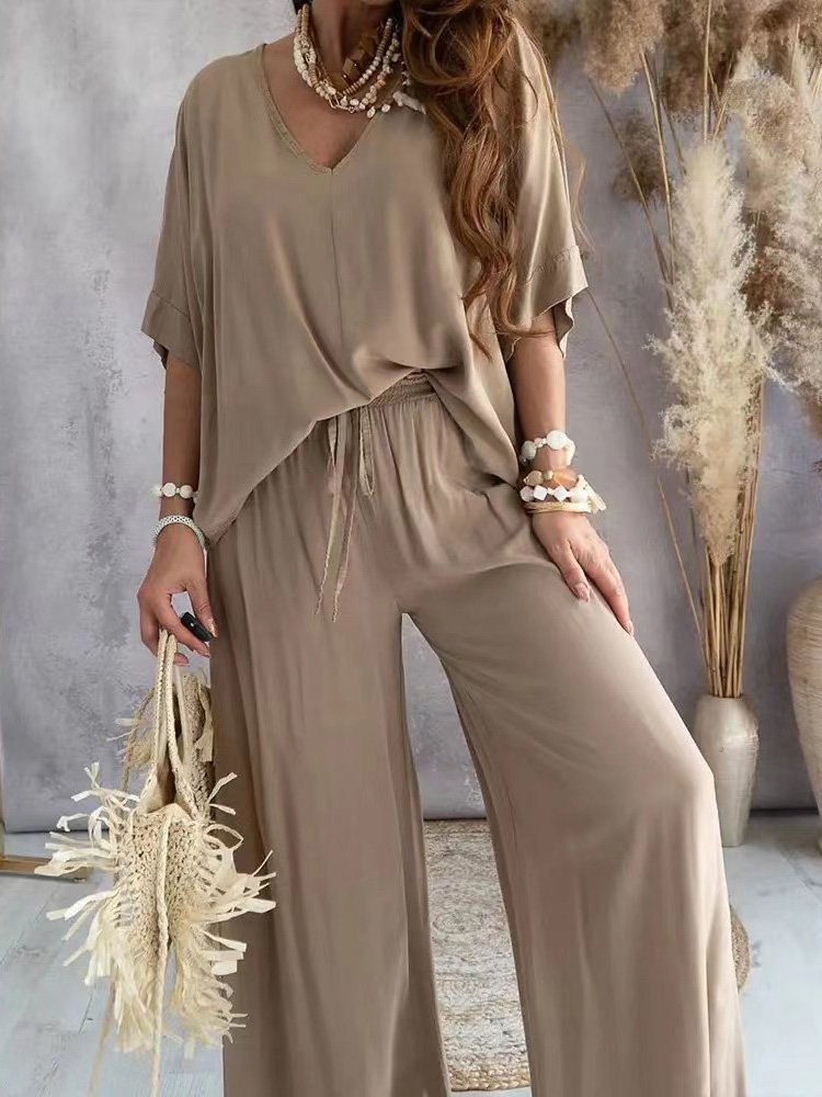 Deux Pièces Ensembles Décontracté Plain Été Col V Ample Demi Manche Top Avec Pantalons Droit Régulier pour Femmes