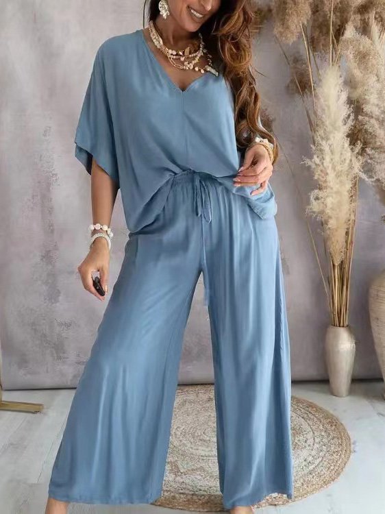Deux Pièces Ensembles Décontracté Plain Été Col V Ample Demi Manche Top Avec Pantalons Droit Régulier pour Femmes