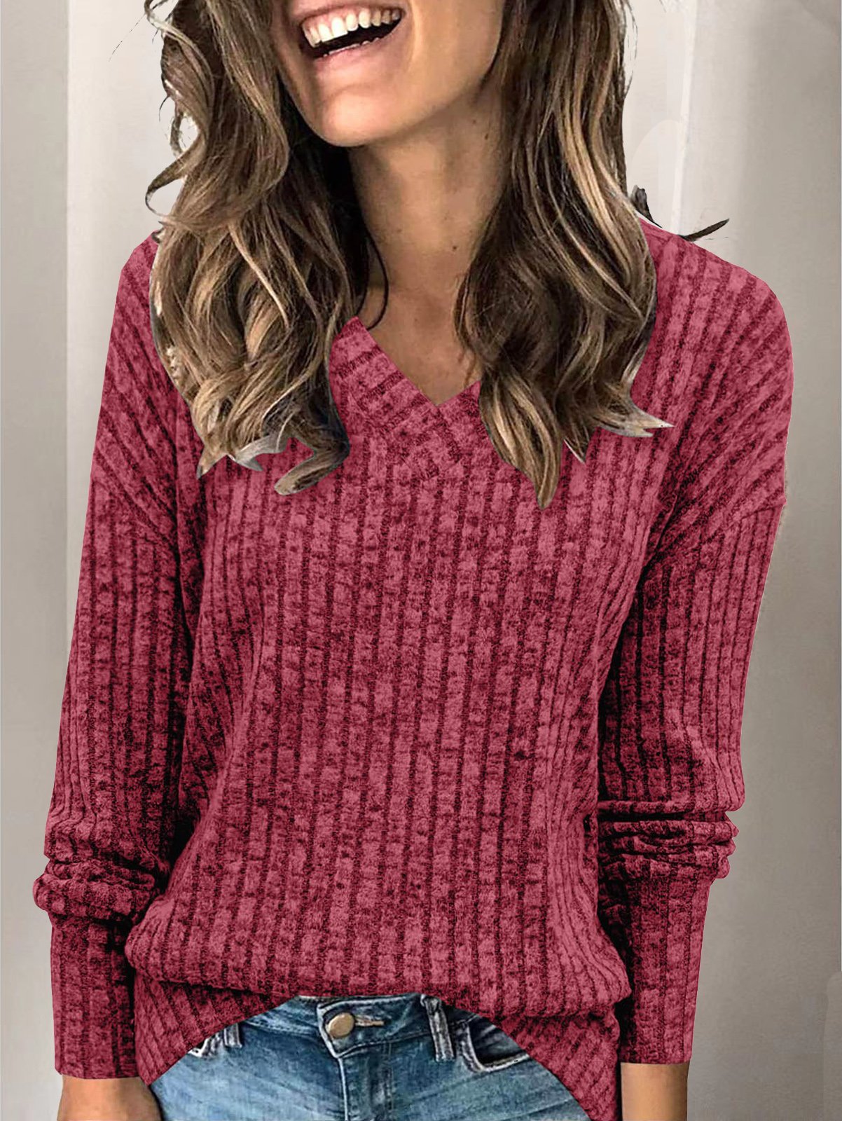 T-shirts Décontracté Plain Printemps / Automne Tricoté Manches Longues Régulier Droit Régulier Non pour Femmes