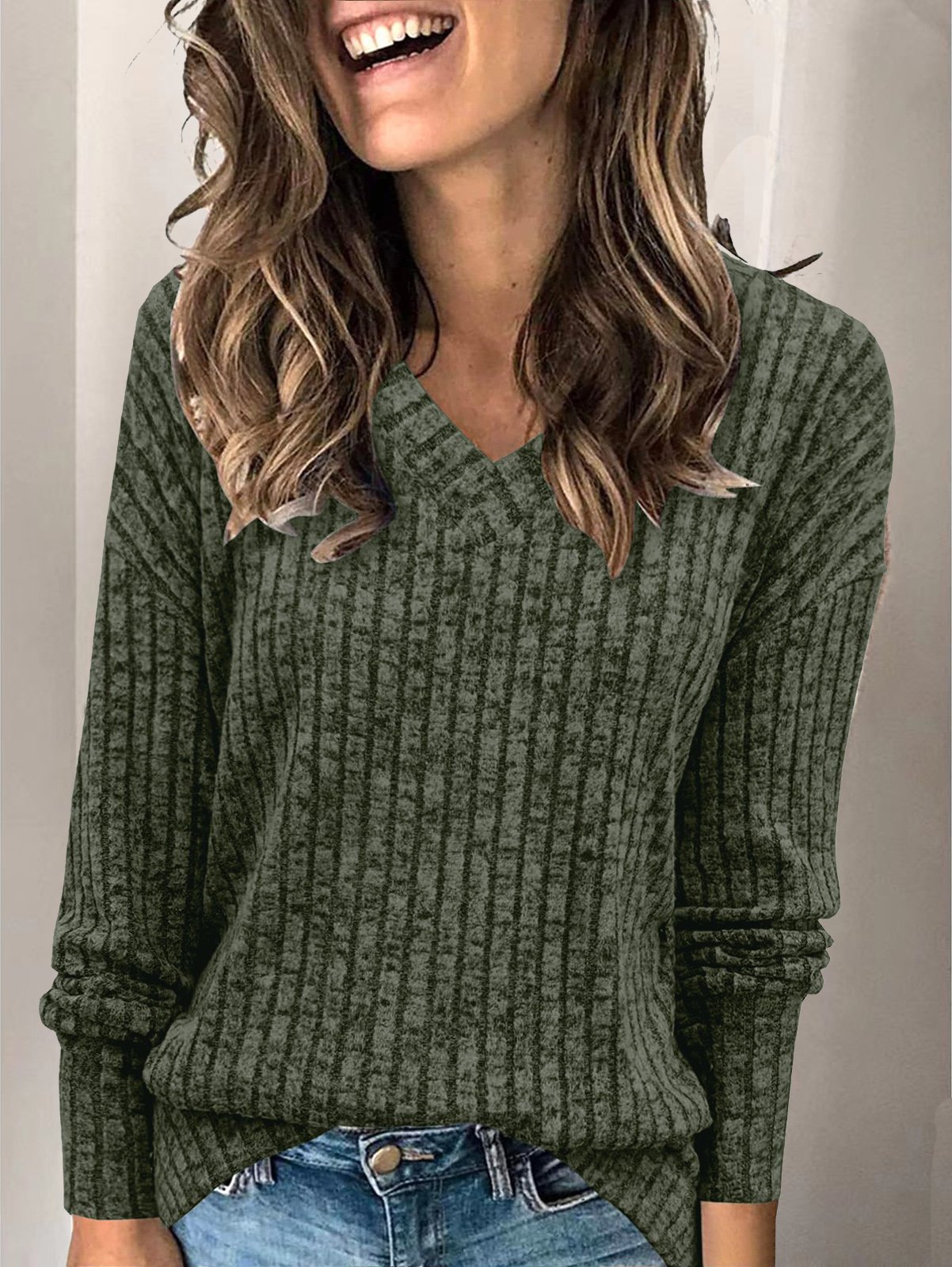 T-shirts Décontracté Plain Printemps / Automne Tricoté Manches Longues Régulier Droit Régulier Non pour Femmes