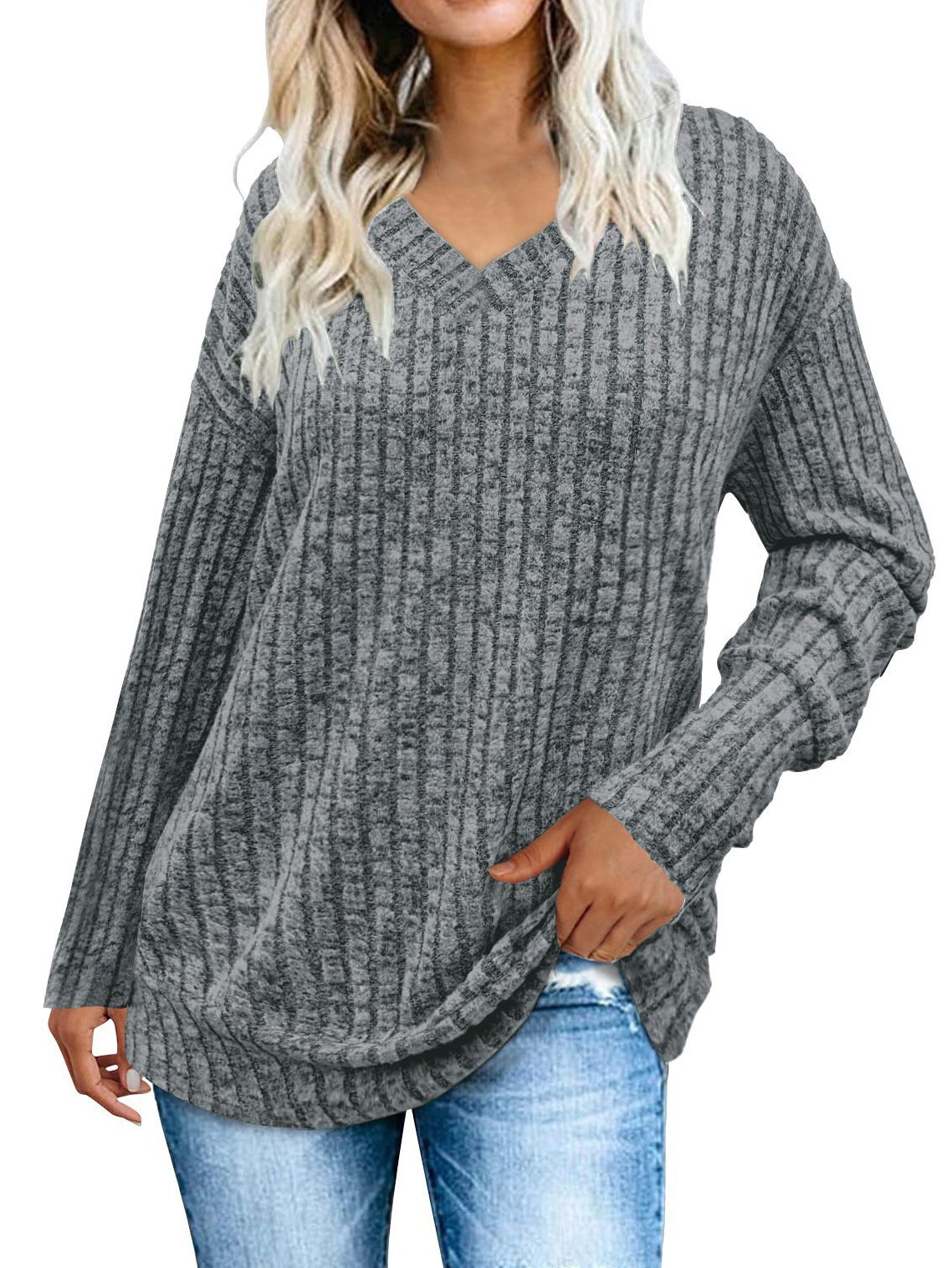T-shirts Décontracté Plain Printemps / Automne Tricoté Manches Longues Régulier Droit Régulier Non pour Femmes