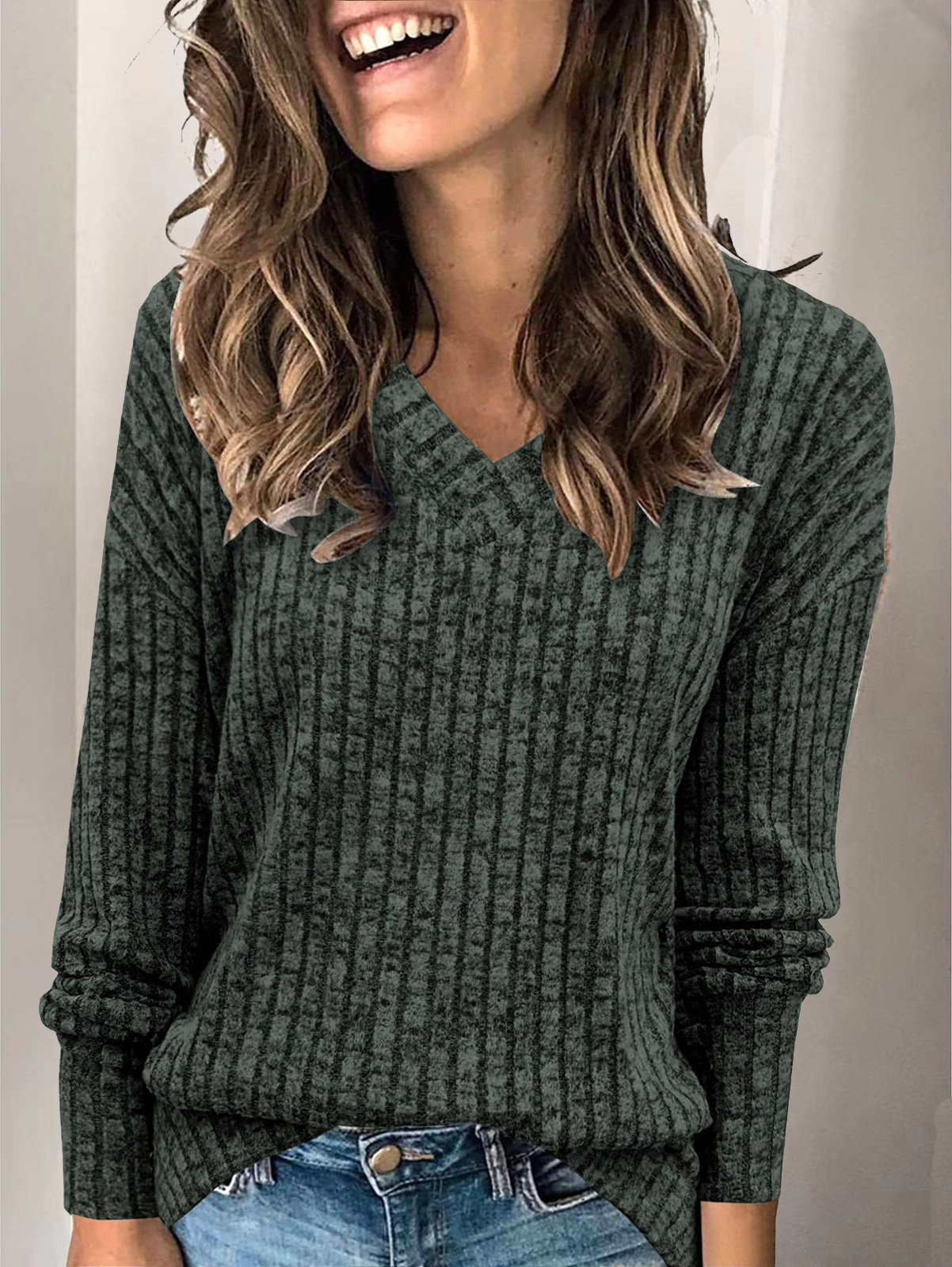 T-shirts Décontracté Plain Printemps / Automne Tricoté Manches Longues Régulier Droit Régulier Non pour Femmes