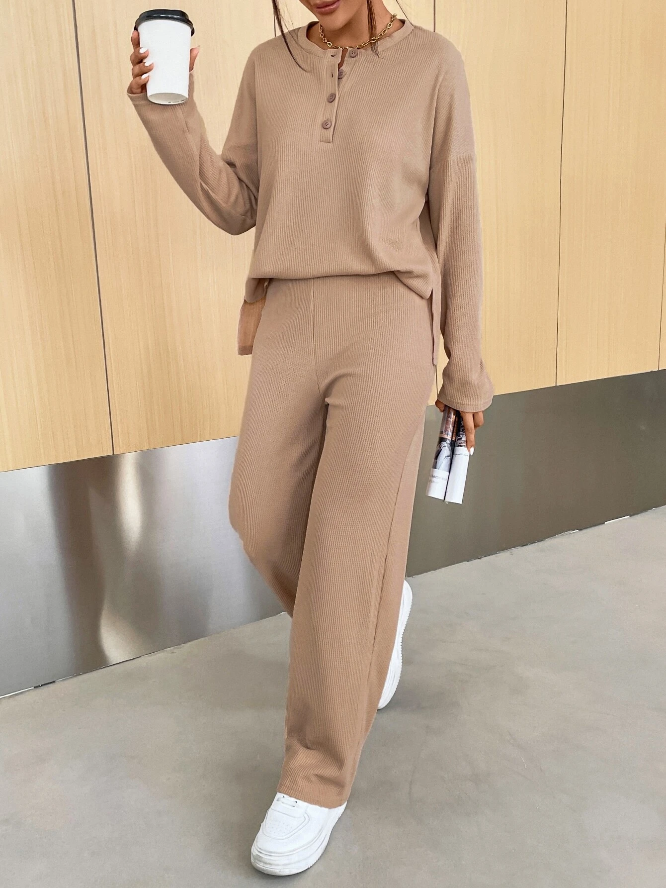 Deux Pièces Ensembles Femmes Décontracté Plain Printemps / Automne Naturel Quotidien Top Avec Pantalons Droit Boucle Élasticité moyenne