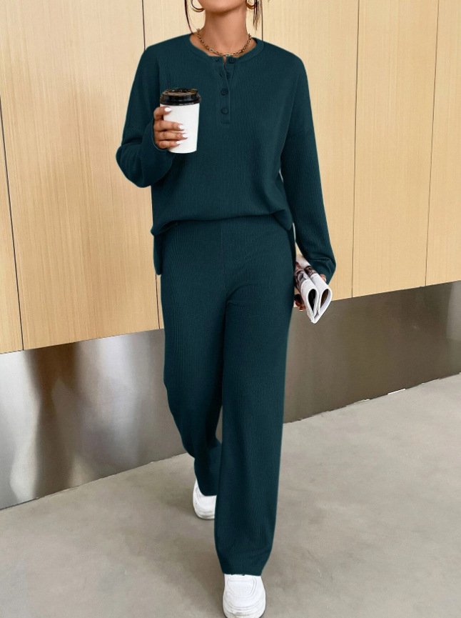 Deux Pièces Ensembles Femmes Décontracté Plain Printemps / Automne Naturel Quotidien Top Avec Pantalons Droit Boucle Élasticité moyenne