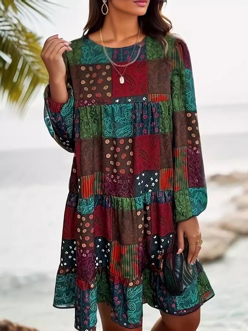 Robes Décontracté Ethnique Printemps / Automne Naturel Mini Manches Longues Trapèze Régulier Non pour Femmes