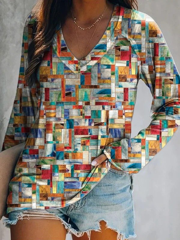 T-shirts Femmes Bloc de Couleur Décontracté Printemps / Automne Polyester Manches Longues Régulier Droit Régulier Dentelle