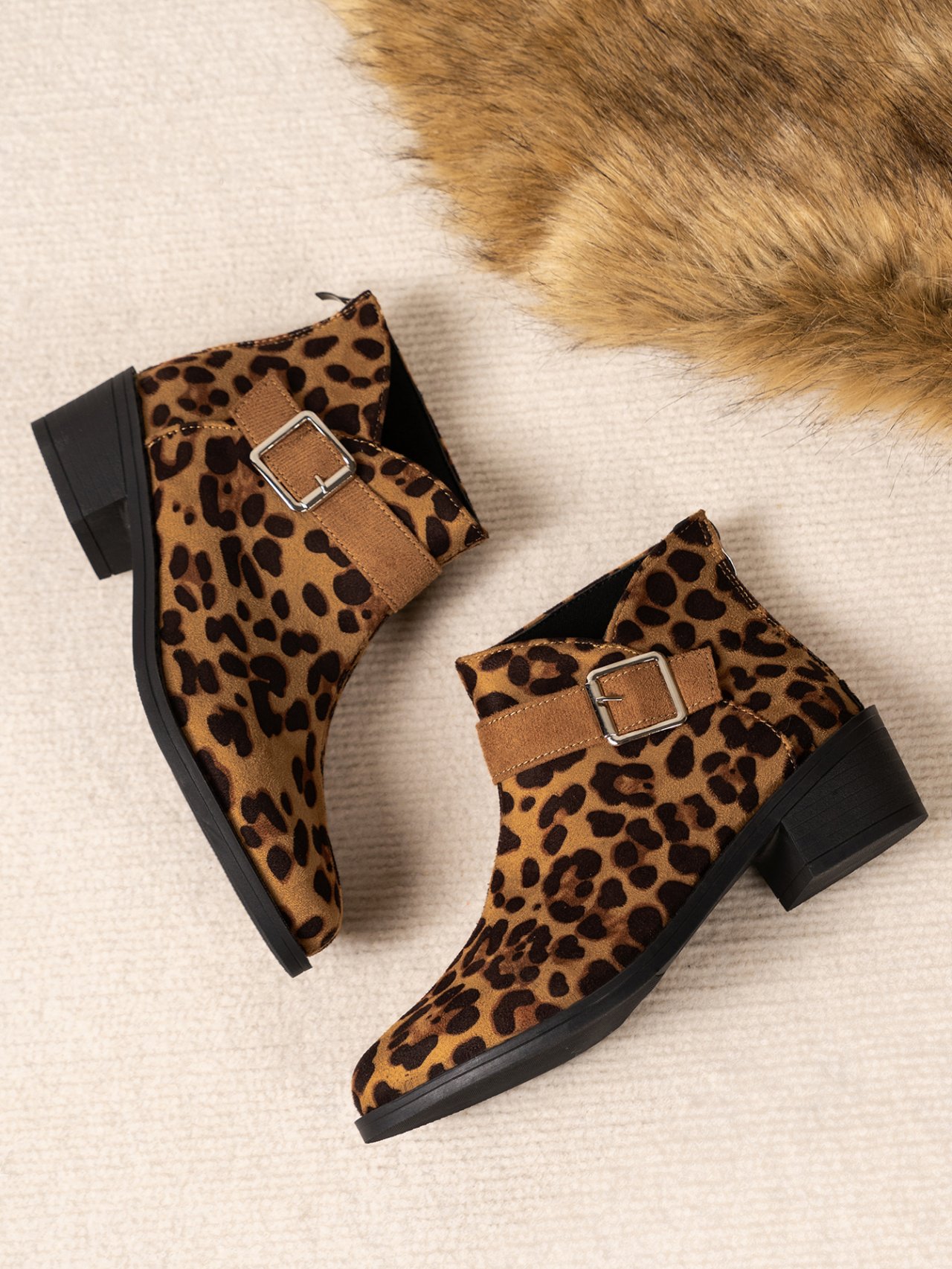 Chelsea Bottes Femme Décontracté Motif Léopard Automne Talon Bas à Bout Pointu Faux Suède PU Caoutchouc Chelsea Bottes