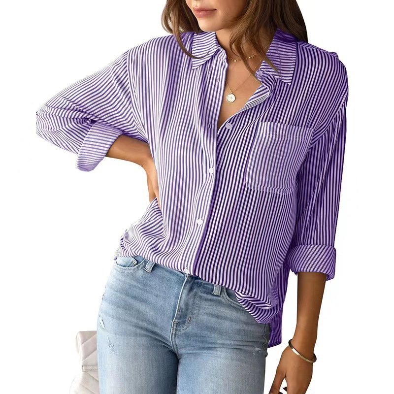 Chemises Femmes Rayé Décontracté Printemps / Automne Aucune élasticité Quotidien Manches Longues Mi-long Régulier Col de Chemise