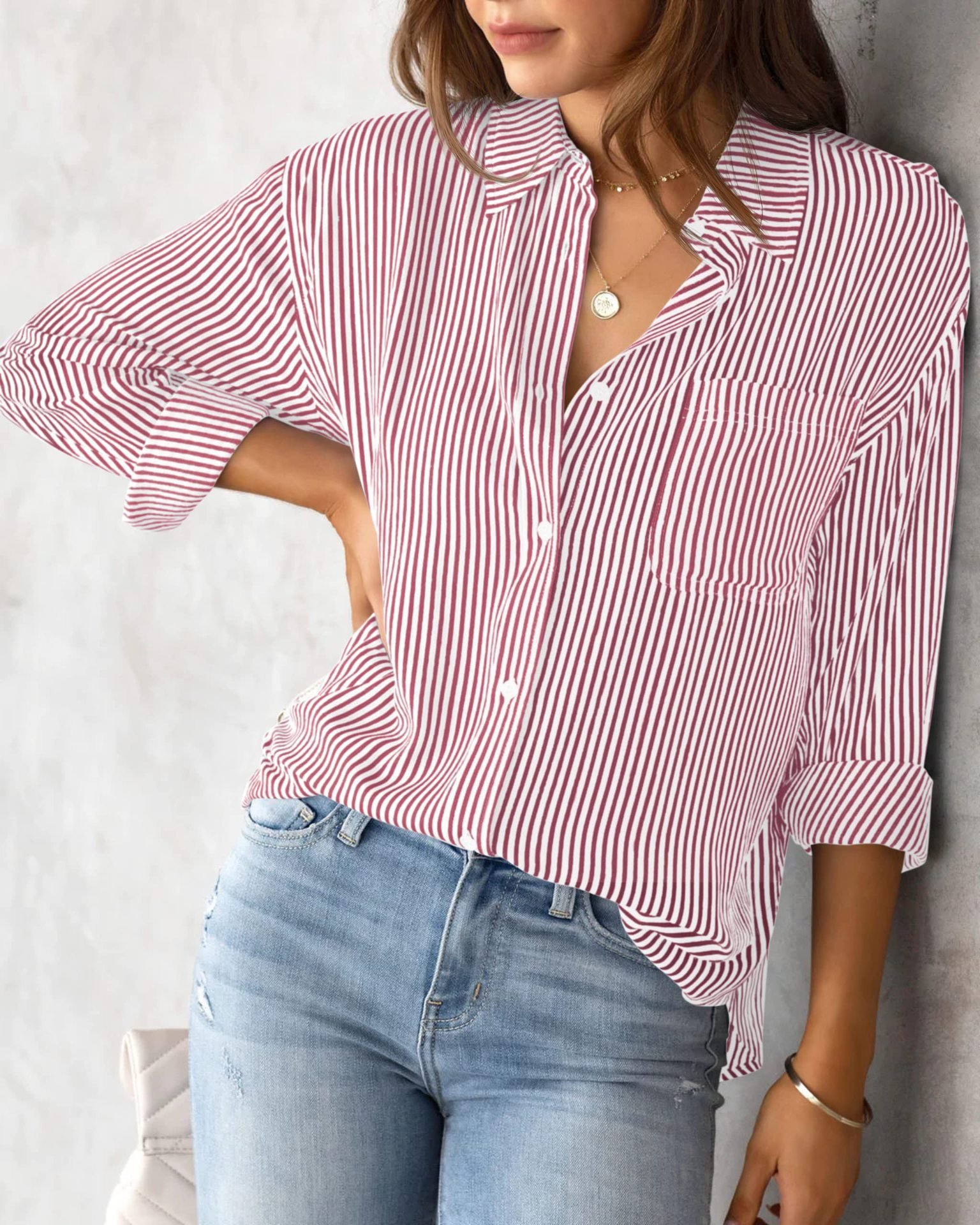 Chemises Femmes Rayé Décontracté Printemps / Automne Aucune élasticité Quotidien Manches Longues Mi-long Régulier Col de Chemise