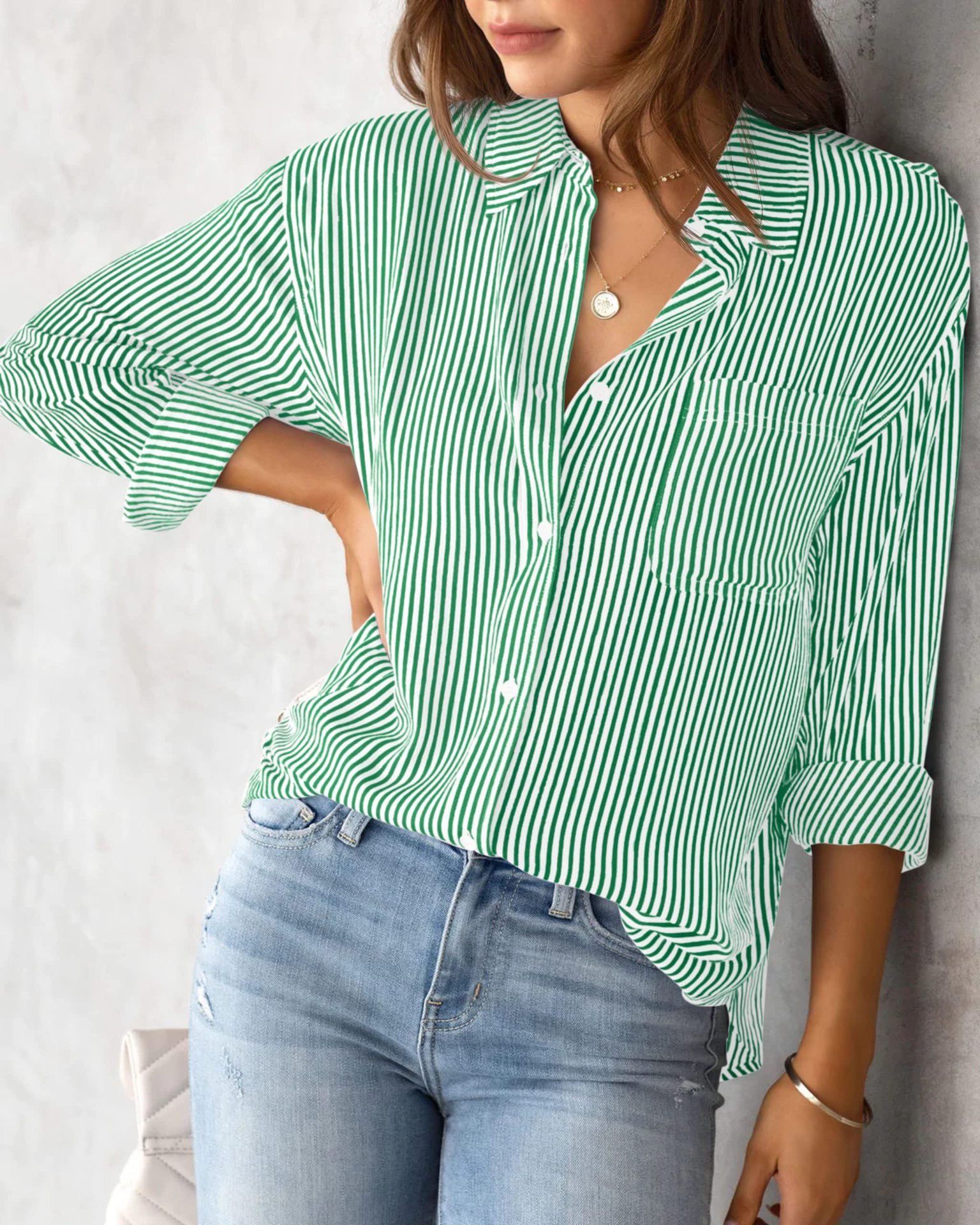 Chemises Femmes Rayé Décontracté Printemps / Automne Aucune élasticité Quotidien Manches Longues Mi-long Régulier Col de Chemise