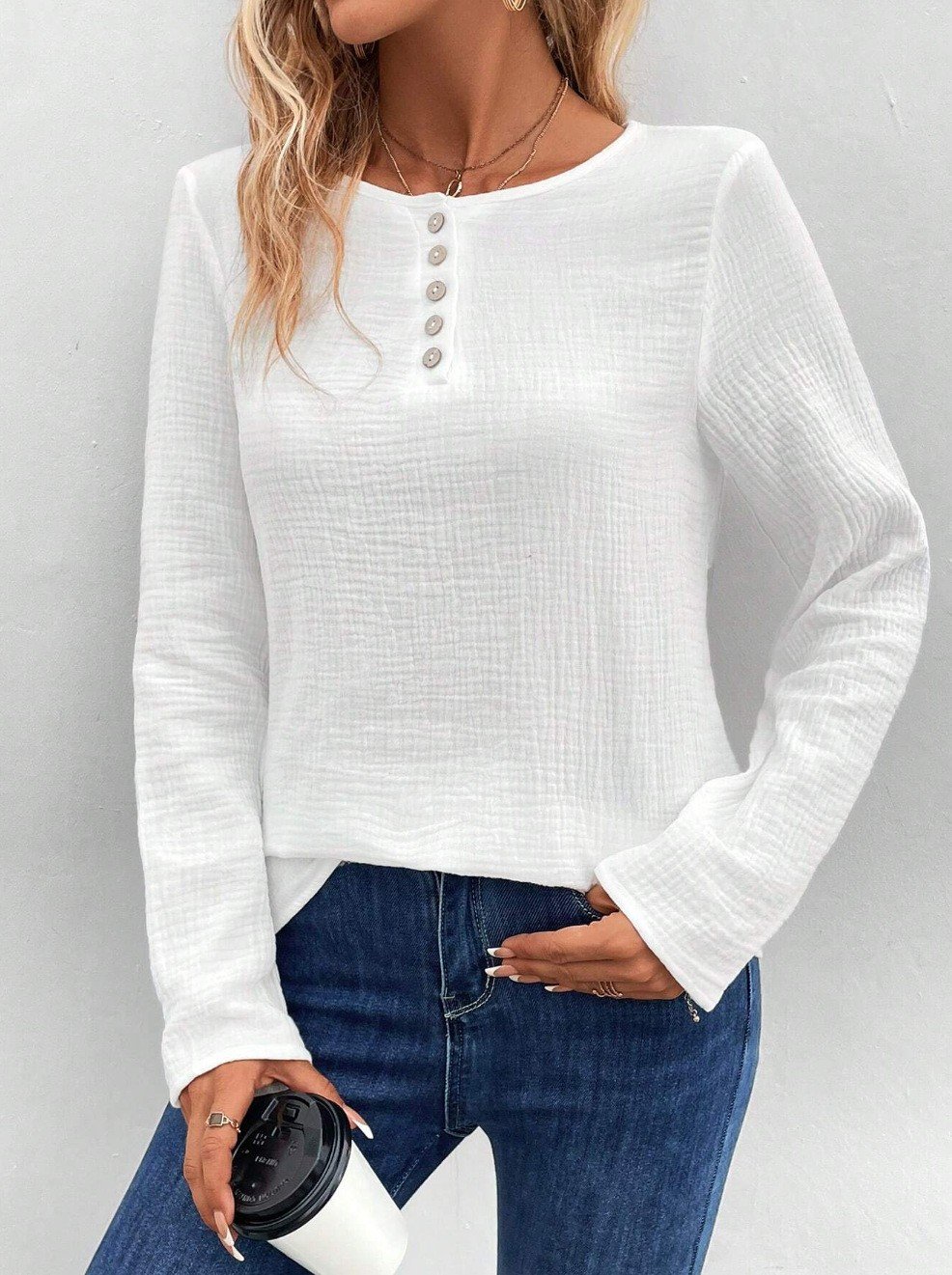 Chemisiers1 Décontracté Plain Printemps / Automne Coton Ample Manches Longues Col Rond Régulier Droit pour Femmes
