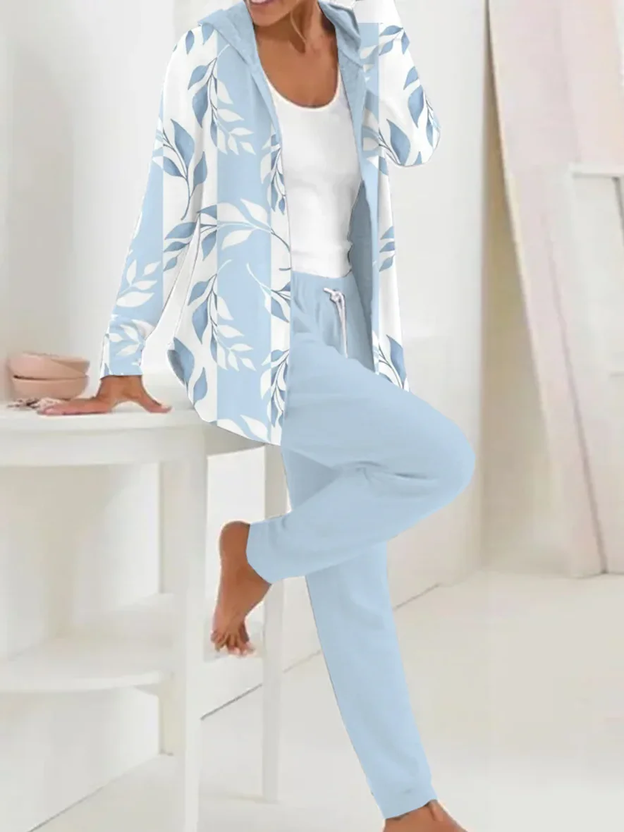 Deux Pièces Ensembles Décontracté Floral Printemps / Automne Polyester Ample Manches Longues Manteau avec Pantalons Droit Régulier pour Femmes