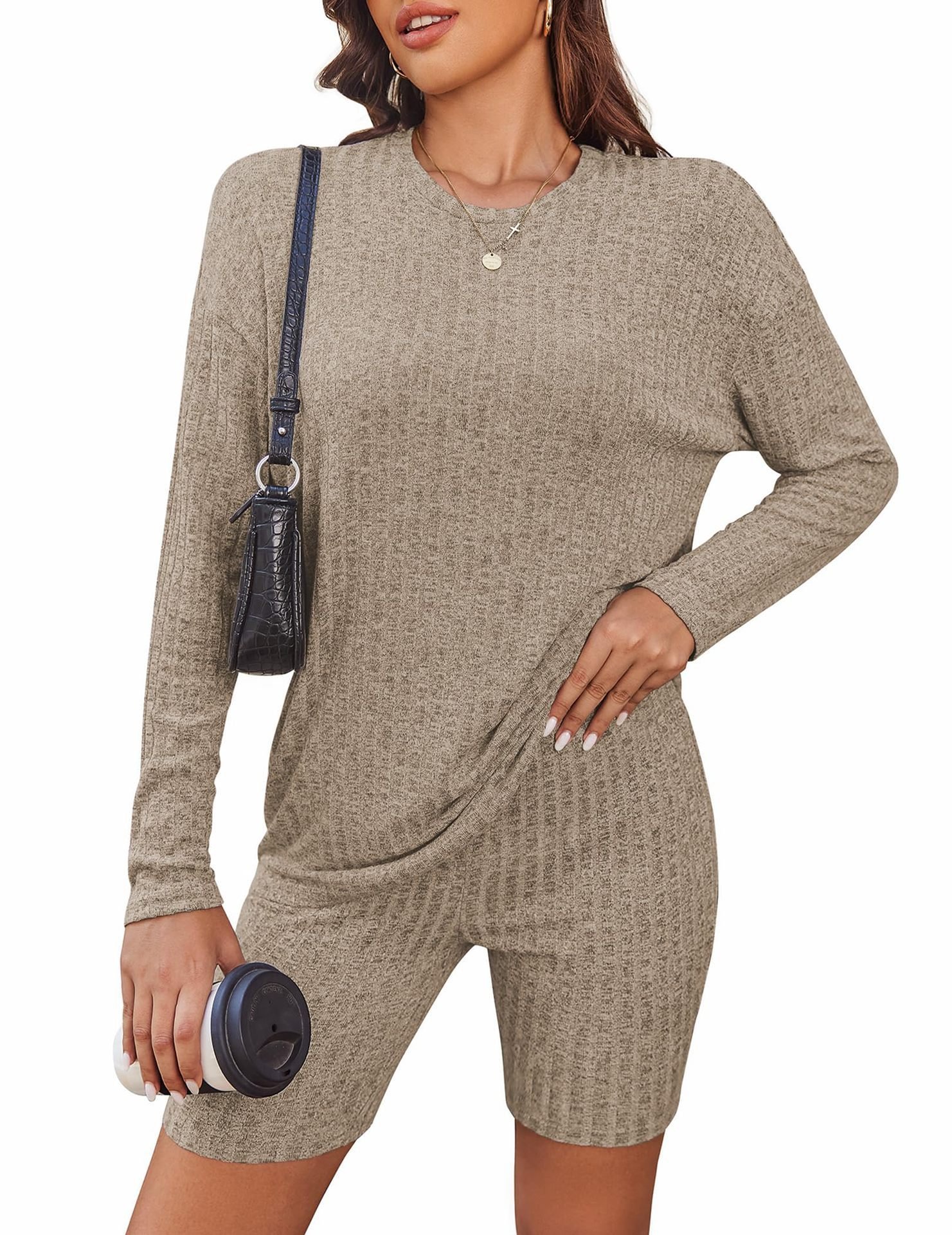 Deux Pièces Ensembles Décontracté Plain Printemps / Automne Coton Naturel Quotidien Col Rond Top Avec Pantalons Droit pour Femmes
