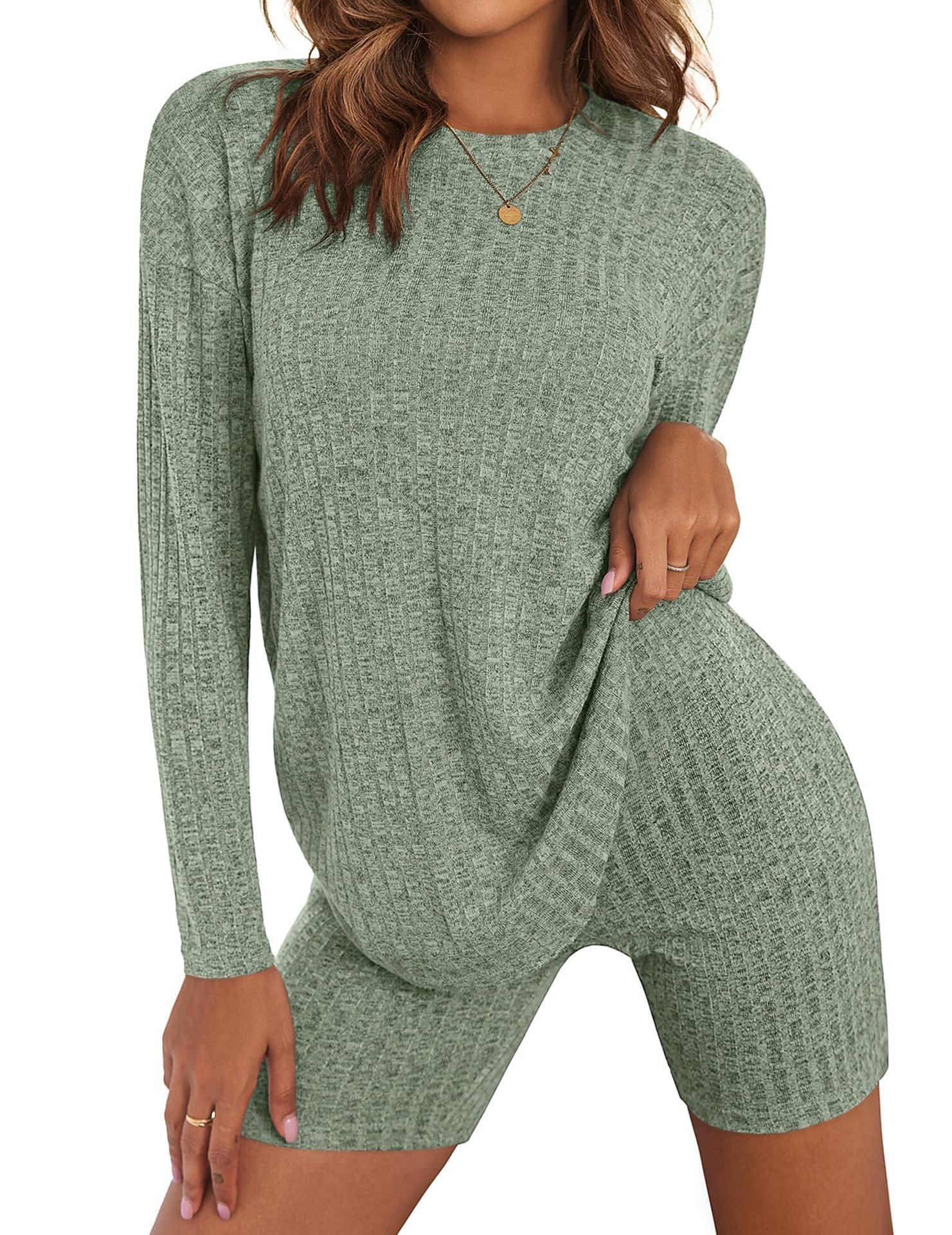 Deux Pièces Ensembles Décontracté Plain Printemps / Automne Coton Naturel Quotidien Col Rond Top Avec Pantalons Droit pour Femmes