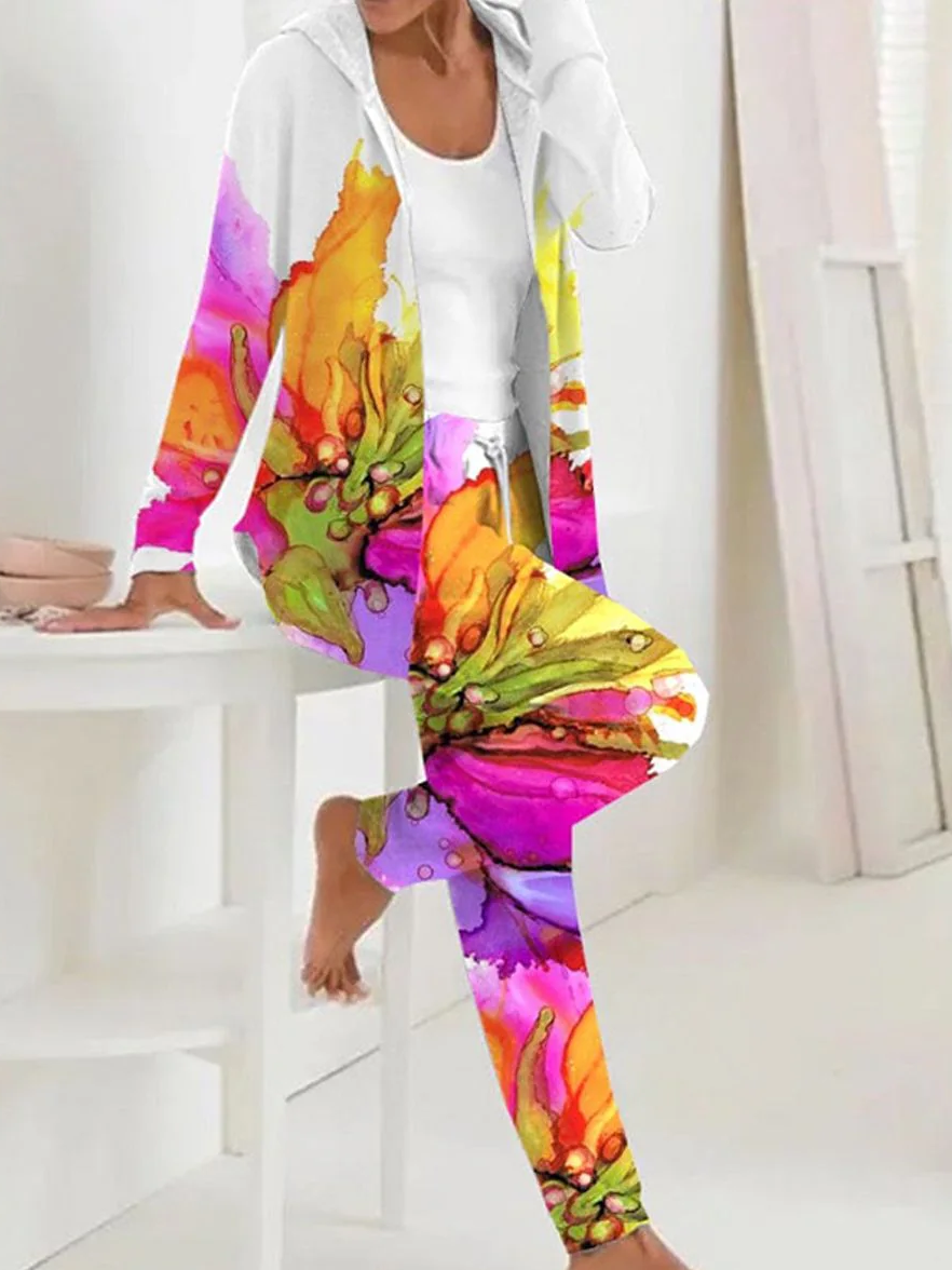 Deux Pièces Ensembles Décontracté Floral Printemps / Automne Polyester Sweat-shirt à Capuche Naturel Ample Régulier T.-N.-L. pour Femmes