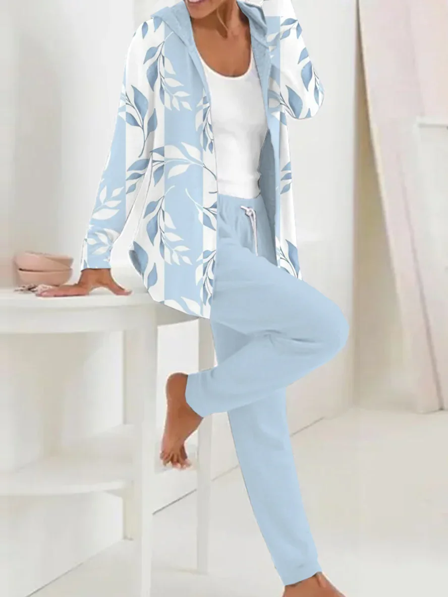 Deux Pièces Ensembles Décontracté Floral Printemps / Automne Polyester Ample Manches Longues Manteau avec Pantalons Droit Régulier pour Femmes