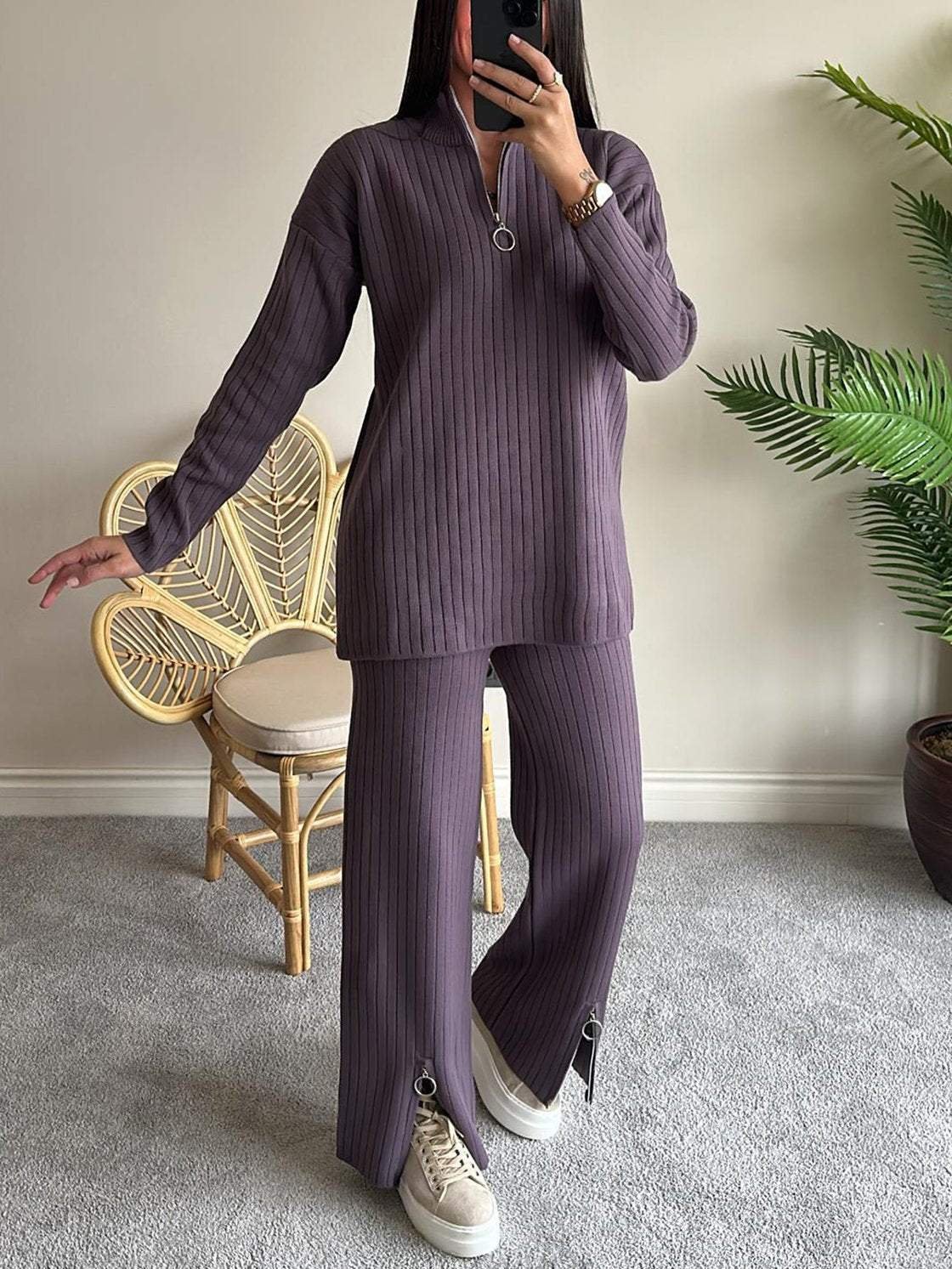 Deux Pièces Ensembles Décontracté Plain Printemps / Automne Tricoté Zip Quotidien Top Avec Pantalons Régulier Col mi-ouvert pour Femmes