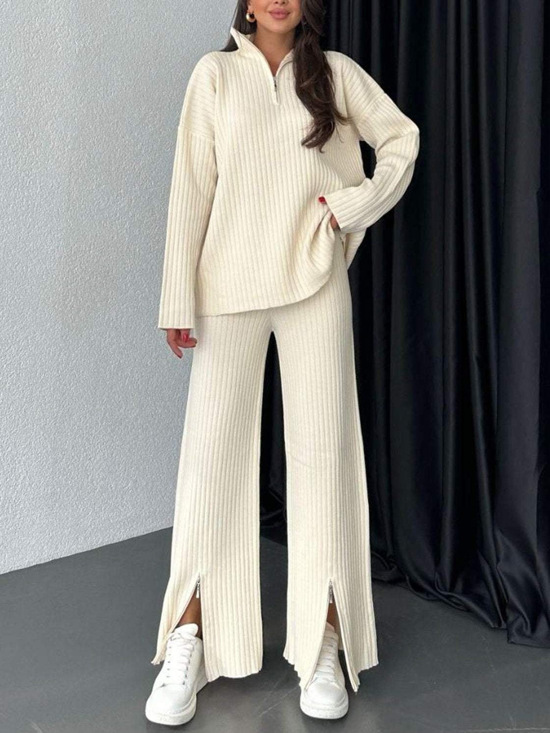 Deux Pièces Ensembles Décontracté Plain Printemps / Automne Tricoté Zip Quotidien Top Avec Pantalons Régulier Col mi-ouvert pour Femmes