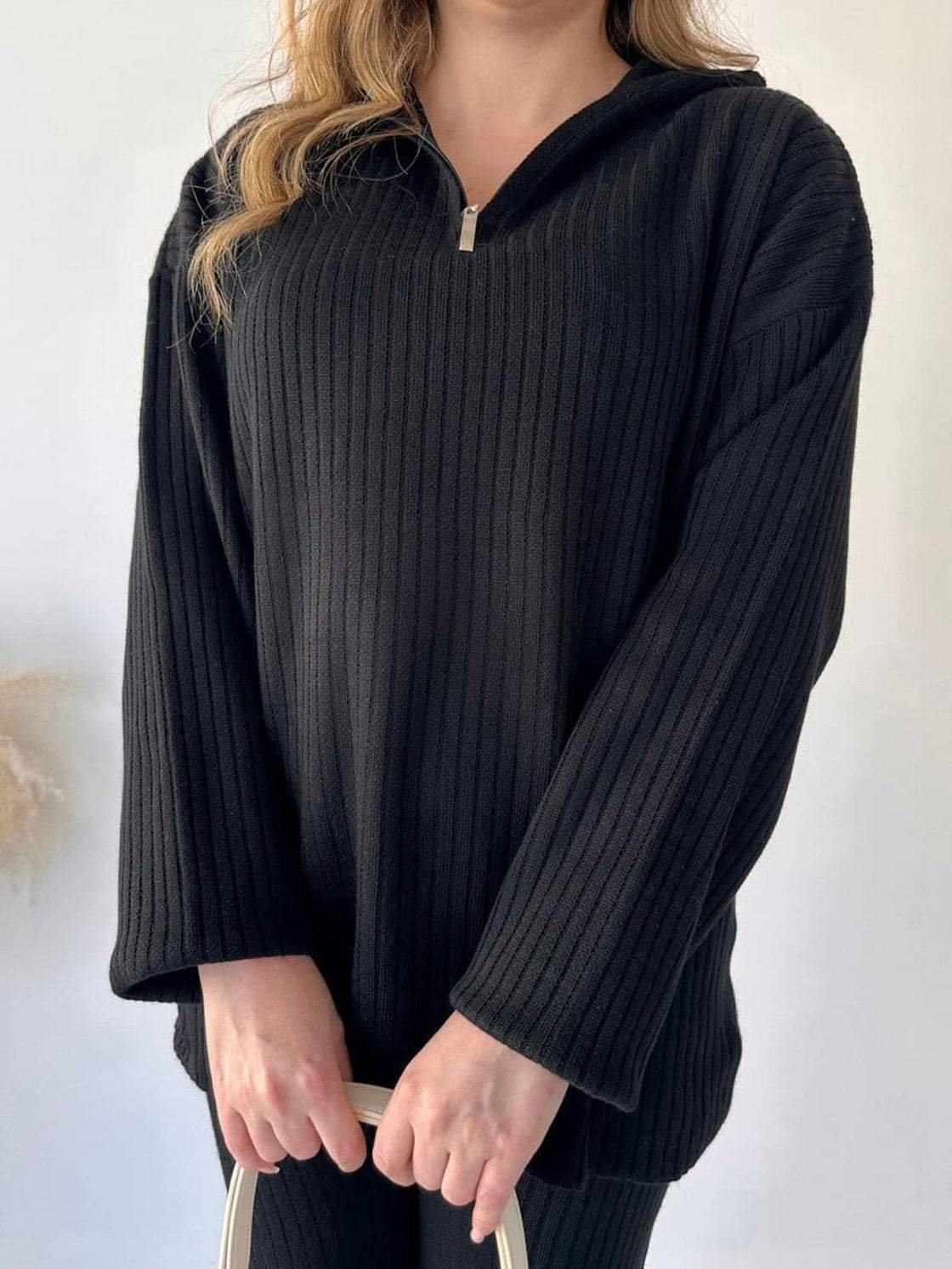 Deux Pièces Ensembles Décontracté Plain Printemps / Automne Tricoté Zip Quotidien Top Avec Pantalons Régulier Col mi-ouvert pour Femmes