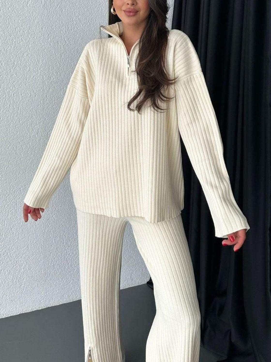 Deux Pièces Ensembles Décontracté Plain Printemps / Automne Tricoté Zip Quotidien Top Avec Pantalons Régulier Col mi-ouvert pour Femmes