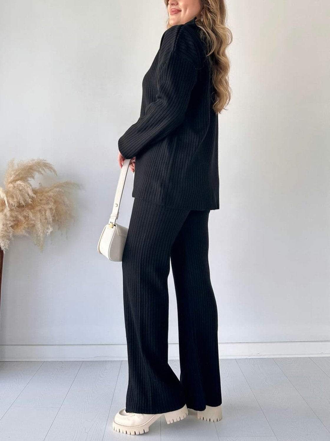 Deux Pièces Ensembles Décontracté Plain Printemps / Automne Tricoté Zip Quotidien Top Avec Pantalons Régulier Col mi-ouvert pour Femmes