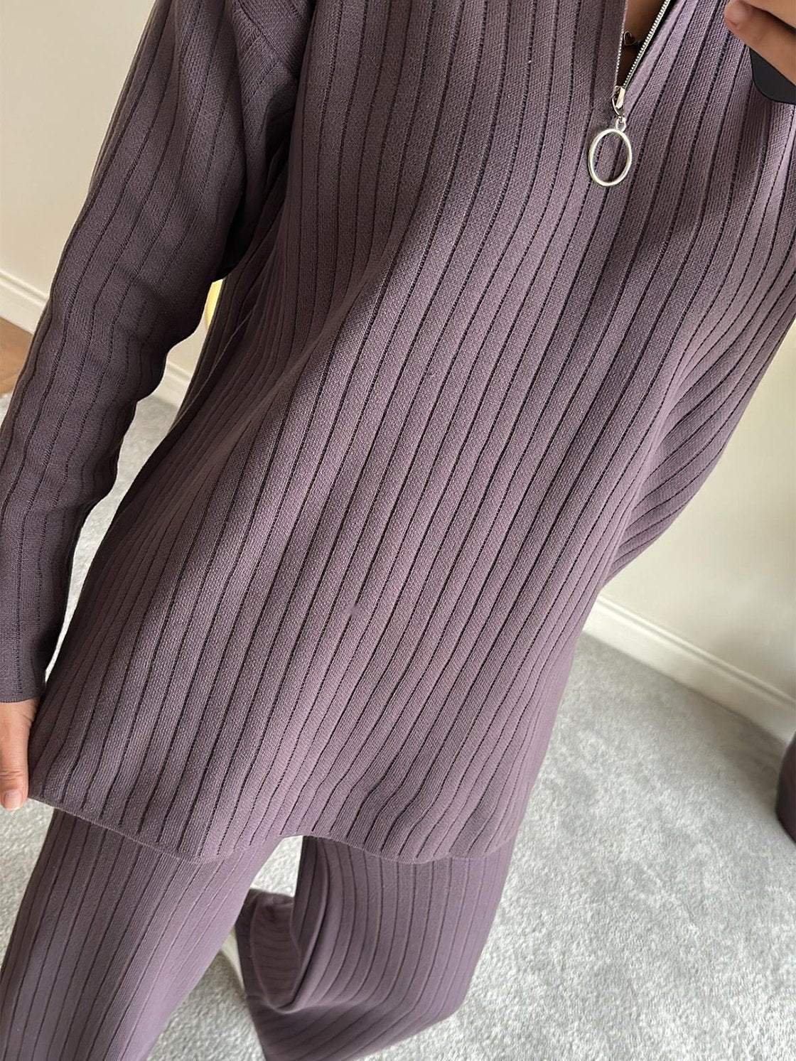 Deux Pièces Ensembles Décontracté Plain Printemps / Automne Tricoté Zip Quotidien Top Avec Pantalons Régulier Col mi-ouvert pour Femmes