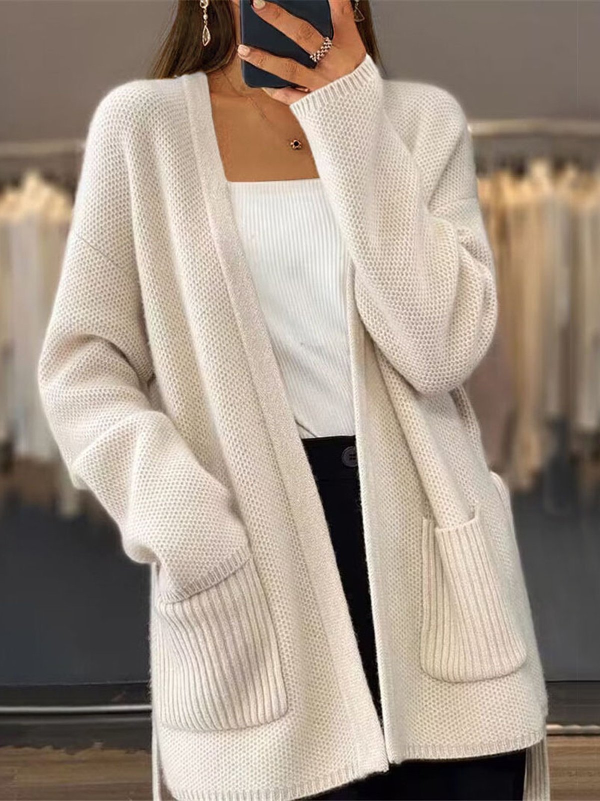 Cardigans Décontracté Plain Hiver Quotidien Ample Fil/fil de laine Droit Élasticité moyenne Poche Couture pour Femmes