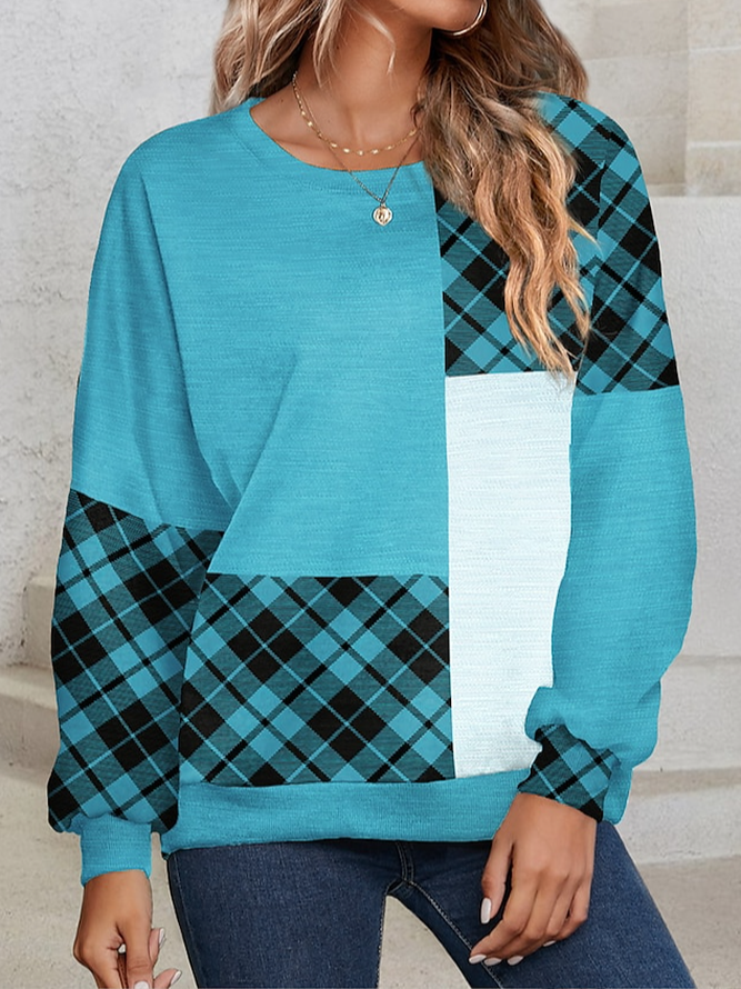 Sweat-shirts Décontracté Printemps / Automne Plaid Polyester Naturel Aucune élasticité Ample Manches Longues Droit pour Femmes