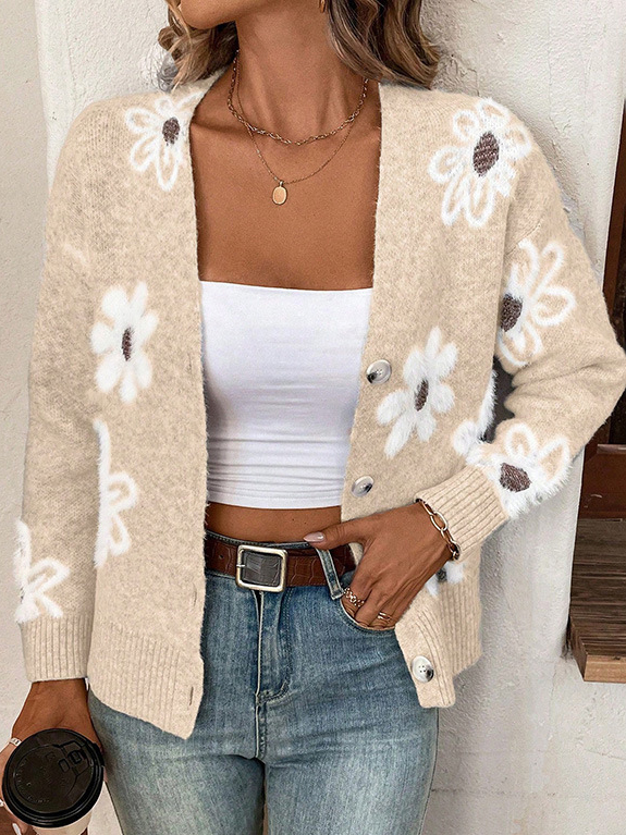 Cardigans Femmes Décontracté Floral Printemps / Automne Ample Manches Longues Régulier Droit Boucle Élasticité moyenne