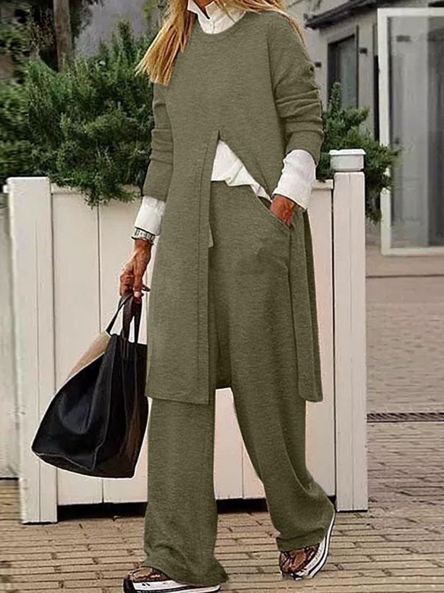 Deux Pièces Ensembles Décontracté Plain Printemps / Automne Naturel Quotidien Ample Jersey Manches Longues Droit pour Femmes