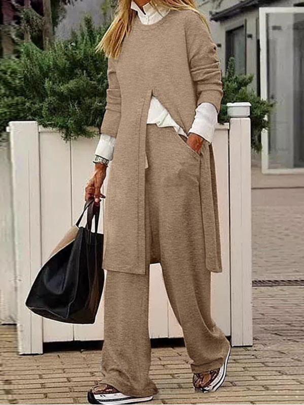 Deux Pièces Ensembles Décontracté Plain Printemps / Automne Naturel Quotidien Ample Jersey Manches Longues Droit pour Femmes