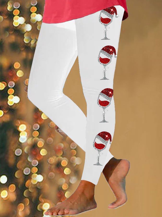 Pantalons De Yoga Rétro Toutes Les Saisons Verre à Vin de Noël Léger Jersey Noël Pantalon coupe slim Long Droit pour Femmes