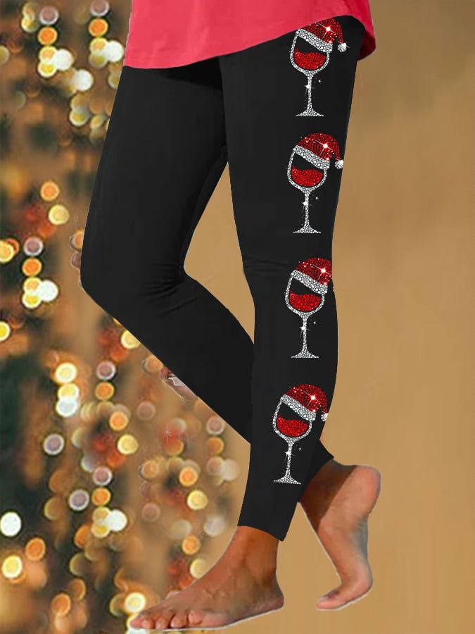 Pantalons De Yoga Rétro Toutes Les Saisons Verre à Vin de Noël Léger Jersey Noël Pantalon coupe slim Long Droit pour Femmes