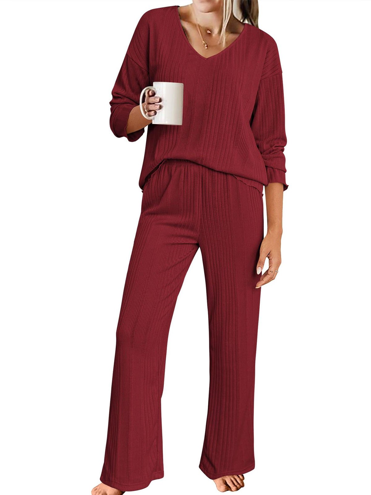 Deux Pièces Ensembles Décontracté Plain Printemps / Automne Col V Micro-élasticité Quotidien Ample Manches Longues Top Avec Pantalons pour Femmes