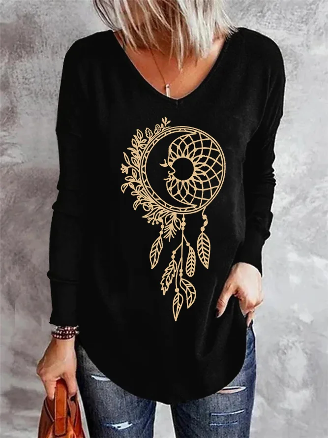 T-shirts Boho Printemps / Automne Attrapeur de rêves Quotidien Ample Jersey Mi-long Régulier Élasticité moyenne pour Femmes