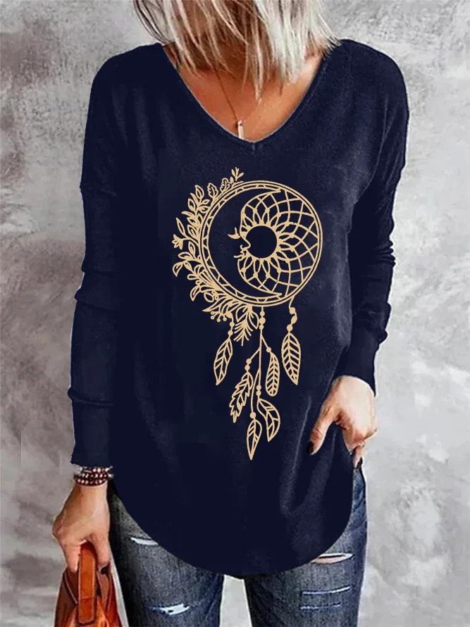 T-shirts Boho Printemps / Automne Attrapeur de rêves Quotidien Ample Jersey Mi-long Régulier Élasticité moyenne pour Femmes