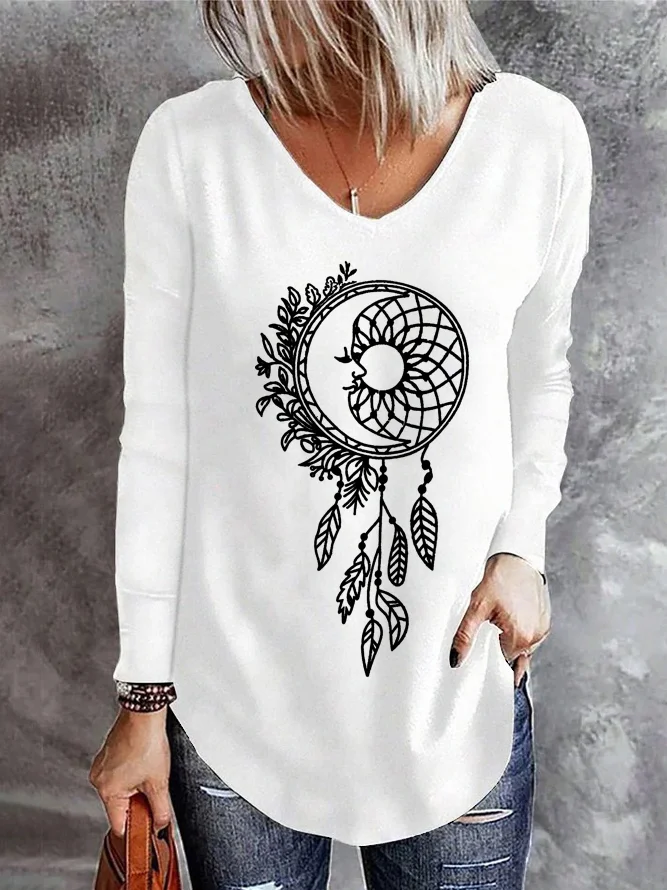 T-shirts Boho Printemps / Automne Attrapeur de rêves Quotidien Ample Jersey Mi-long Régulier Élasticité moyenne pour Femmes